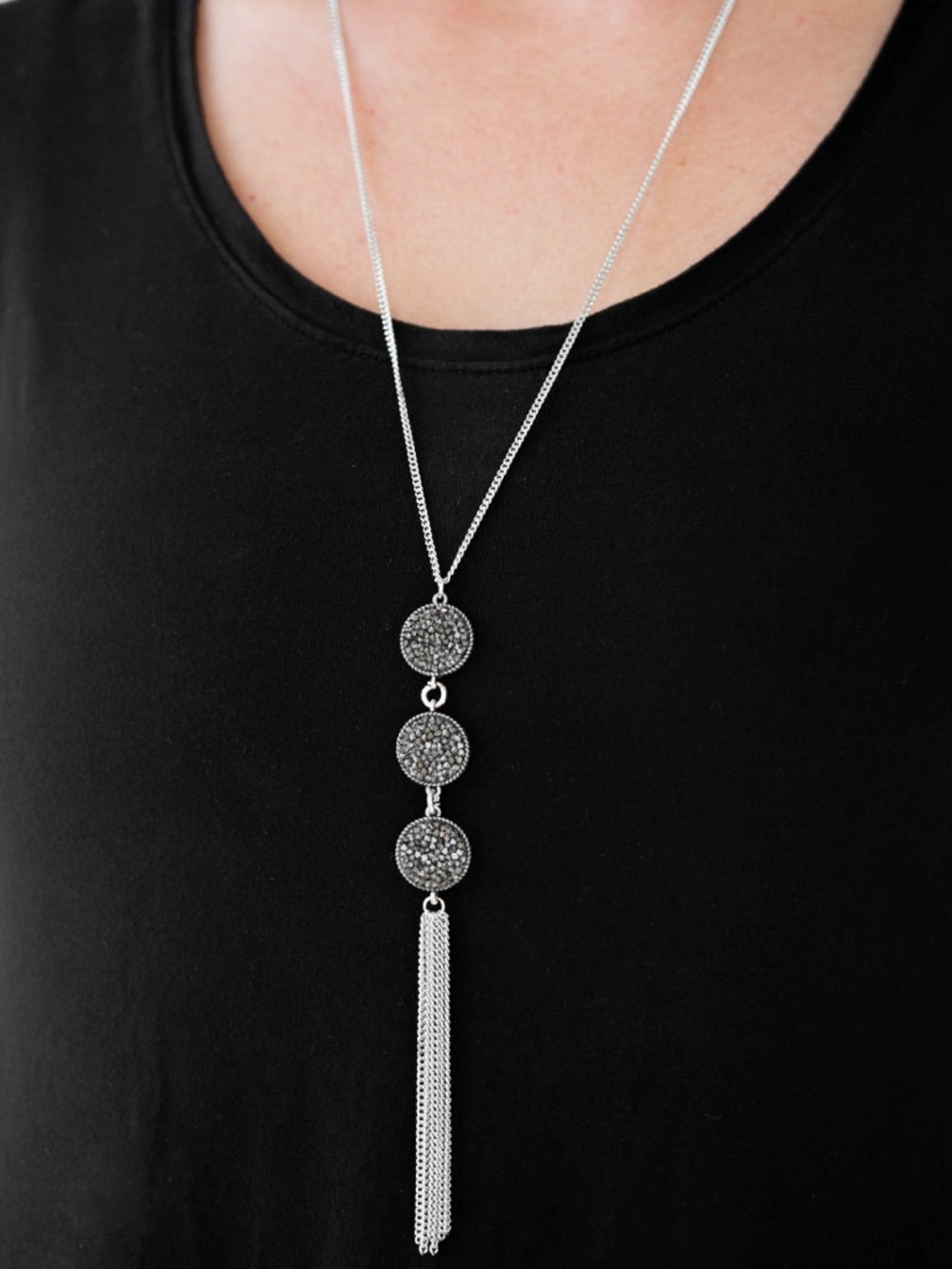 Triple Shimmer -  Silver Tone Triple Disc Tassel Long Necklace & Earrings Set
